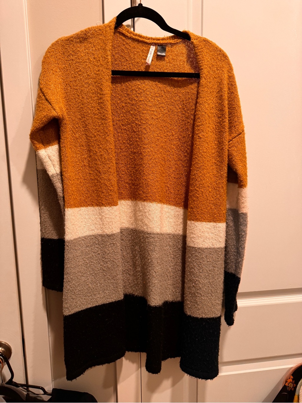Cozy Colorblock Open-Front Sweater Large Cardigan - Mustard/White/Gray/Black